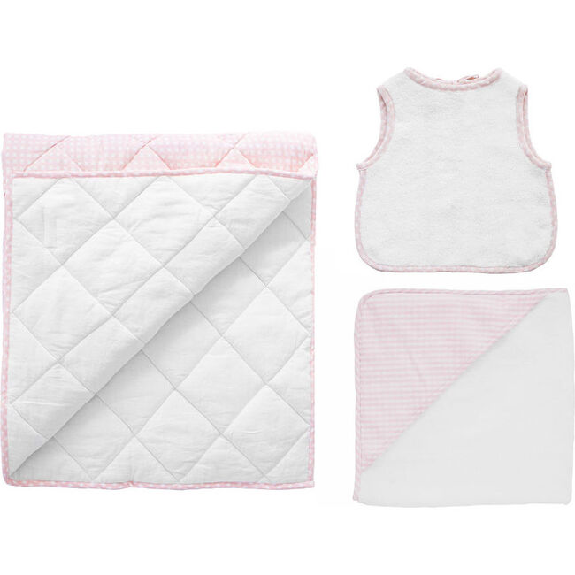 Gift Set Play Mat Hooded Towel & Apron Bib, Dusty Pink Gingham - Mixed Gift Set - 1