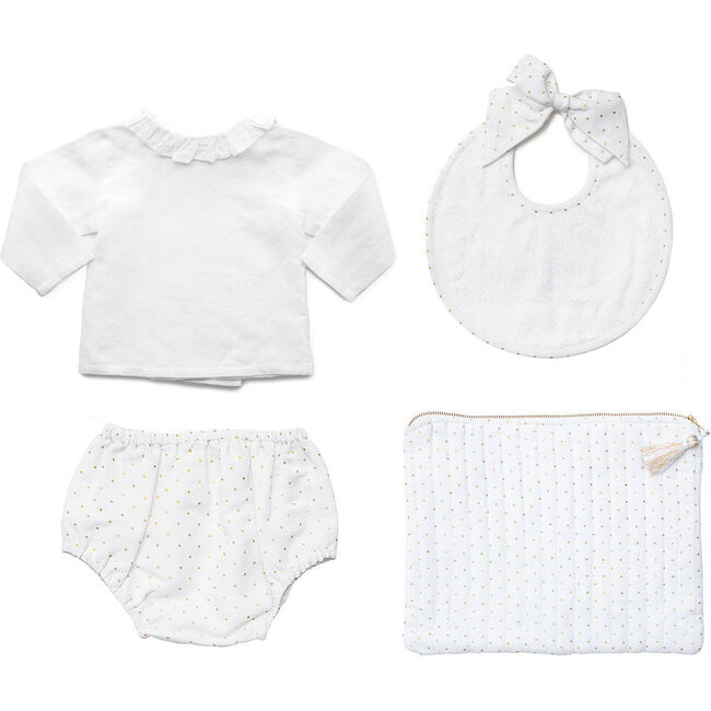 4 Piece Newborn Gift Set, Gold Dot & White Linen