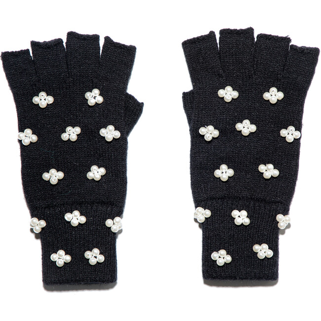 Women's Pearl Cluster Fingerless Knit Gloves, Jet