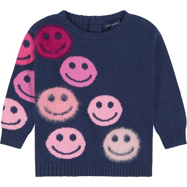 Baby Fuzzy Smile Sweater Set, Navy - Sweaters - 5