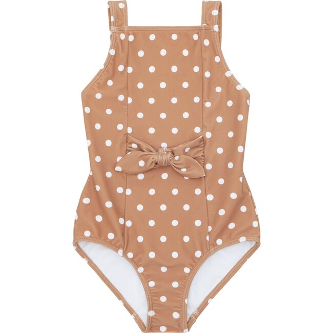 Tie Front One Piece, Mocha Dot - One Pieces - 1