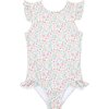 Floral Ruffle Sleeve Rashguard One Piece, Emerald - One Pieces - 1 - thumbnail