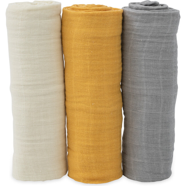 Cotton Muslin Swaddle Blanket 3 Pack, Mustard Set