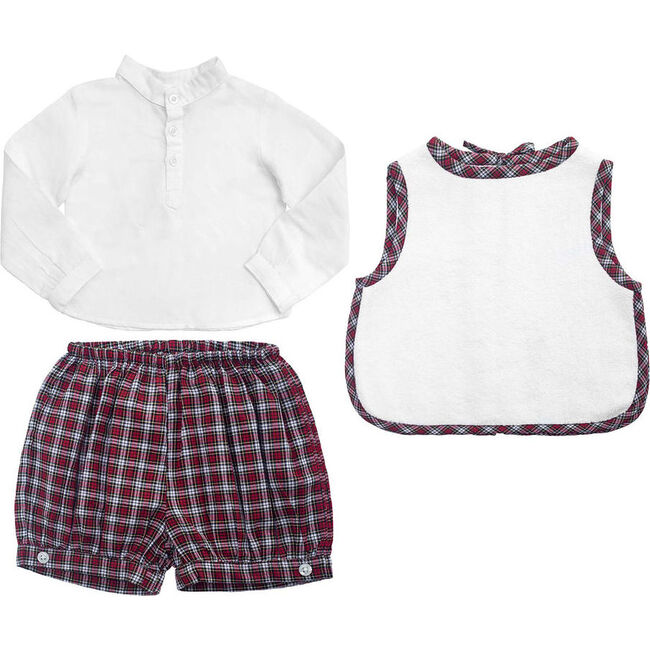 Gift Set Boys French Collar White Shirt & Tartan Shorts & Apron Bib