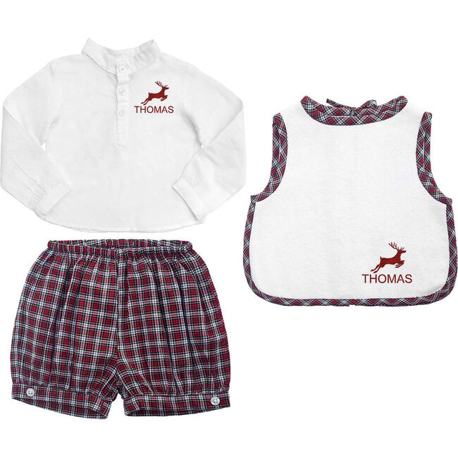 Reindeer Gift Set Boys French Collar White Shirt & Tartan Shorts & Apron Bib