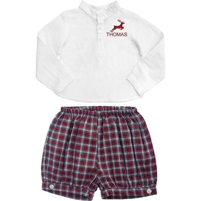 Reindeer Gift Set Boys French Collar White Shirt & Tartan Shorts Holiday Set