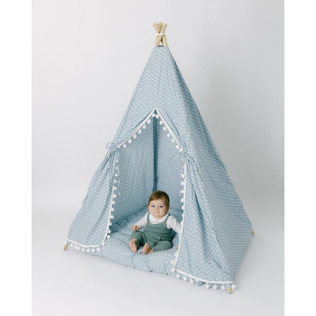 Savannah Play Mattress, Blue Ditsy/White Pom - Play Tents - 3