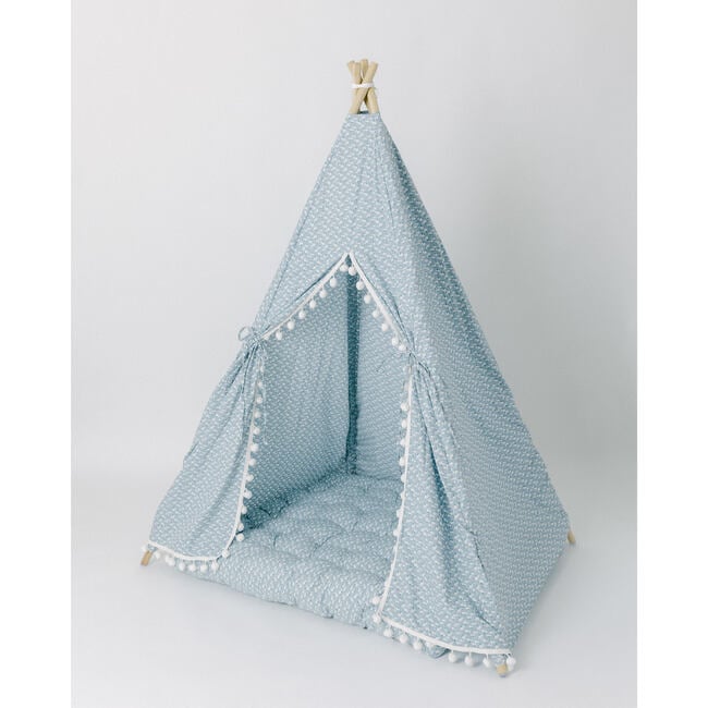 Savannah Play Tent, Blue Ditsy/White Pom - Play Tents - 8