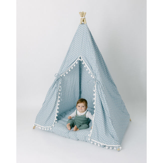 Savannah Play Tent, Blue Ditsy/White Pom - Play Tents - 9