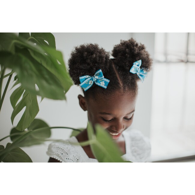 Set of 2 Embroidered Ribbon Pigtail Bows, Blue - Bows - 2