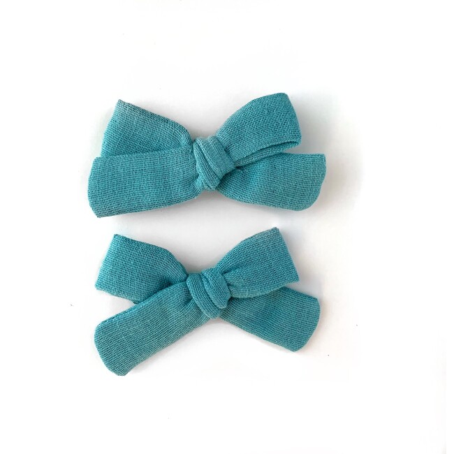Skinny Ribbon Pigtail Bows, Dusty Blue Gauze - Bows - 1