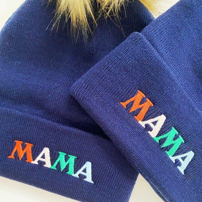 Mama Embroidered Beanie, Navy