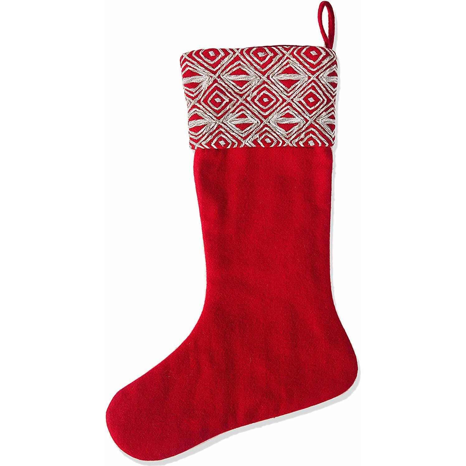 Red Christmas Stocking with Geo Embroidered Cuff in Recycled Wool - Stockings - 1