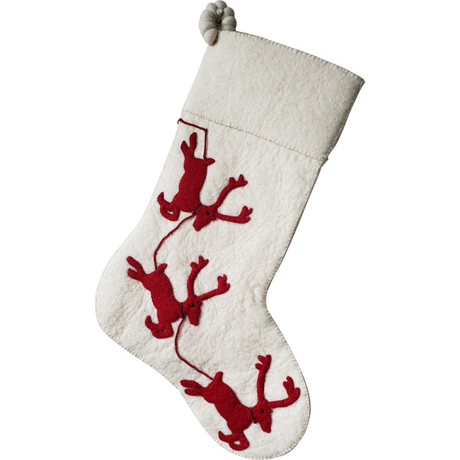 Reindeer Wool Christmas Stocking, Red/Cream