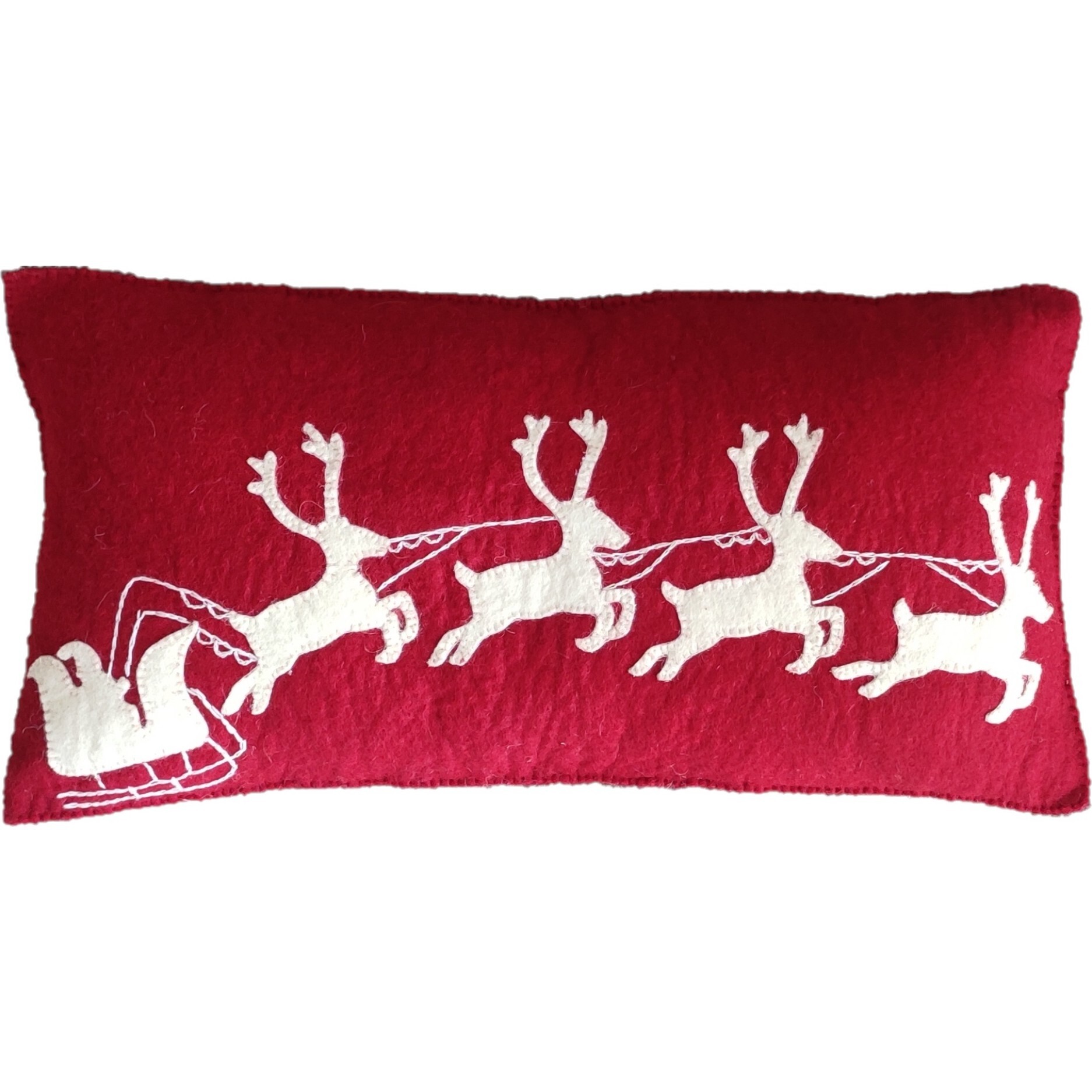 Hand Felted Wool Christmas Pillow - Cream Sleigh and Reindeer on Red - 12"x24" - Decorative Pillows - 1