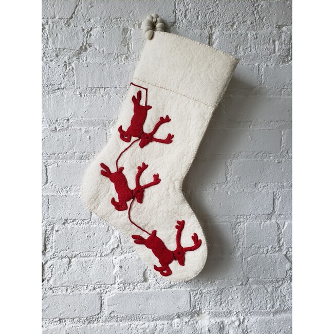 Reindeer Wool Christmas Stocking, Red/Cream