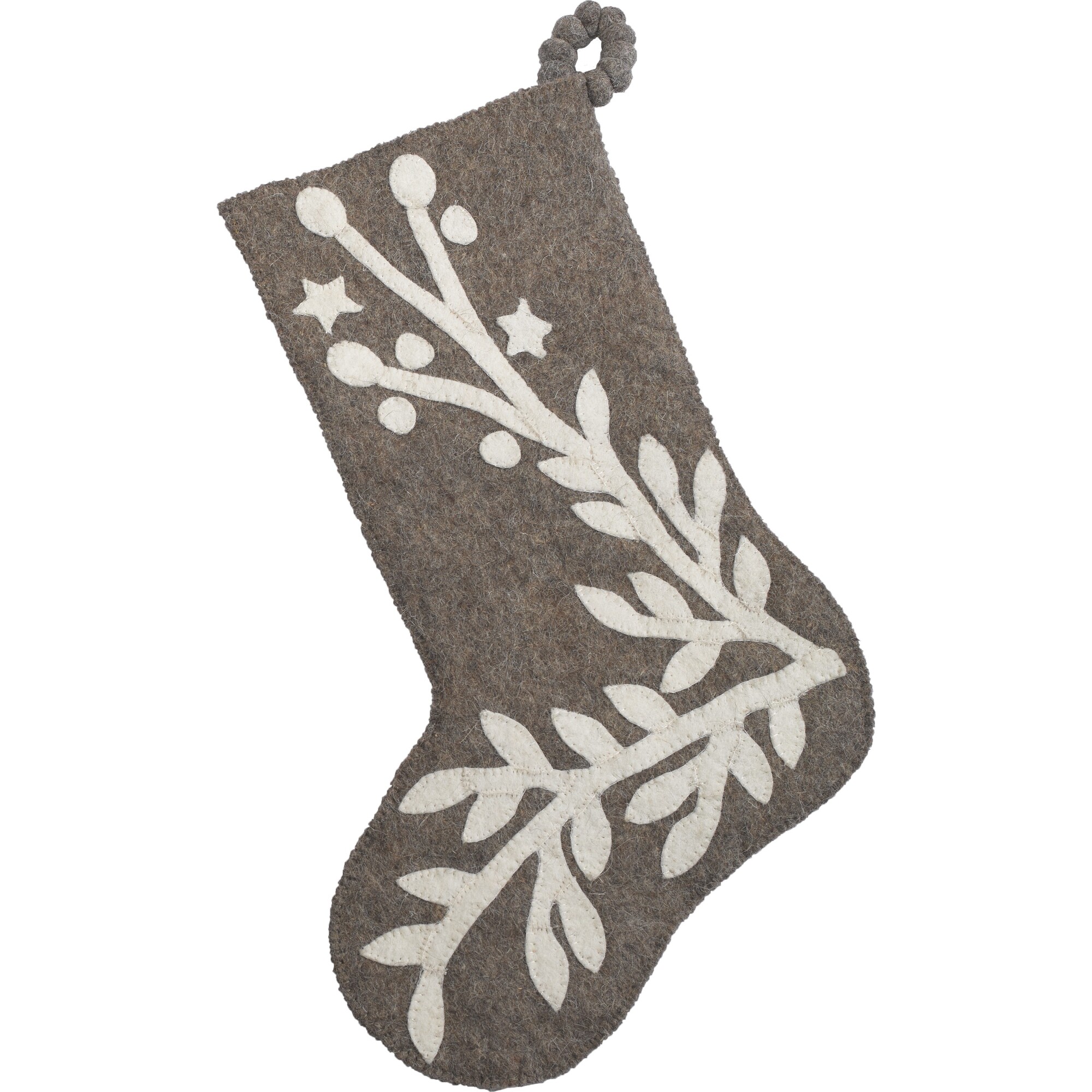 Hand Felted Wool Christmas Stocking ‚Äì Stars and Branch on Gray - Stockings - 1