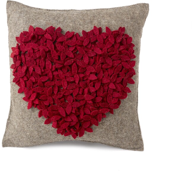Wool Heart Pillow, Cream/Red