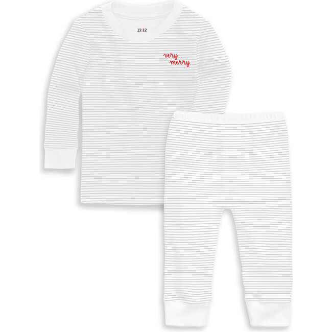 Grey Striped Long Sleeve Pajama Set, Very Merry