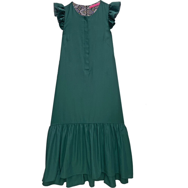 Women's Placket Front Ruffle Maxi Dress, Green Faille