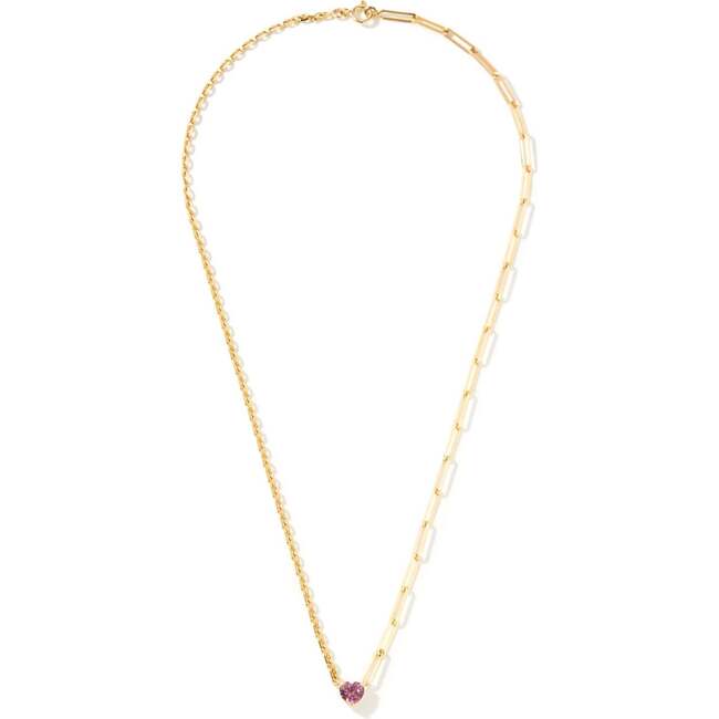 Solitaire Yellow Gold Heart Necklace, Rhodolite
