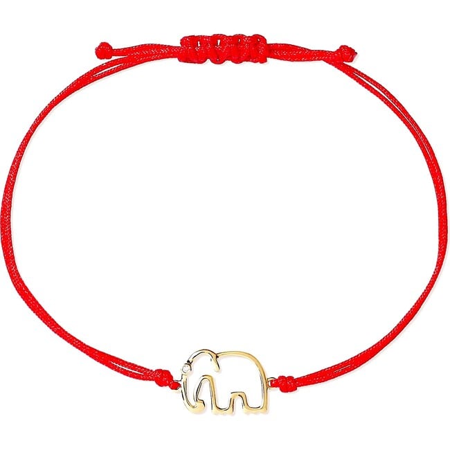 Yellow Gold Elephant Charm Thread Bracelet, Red