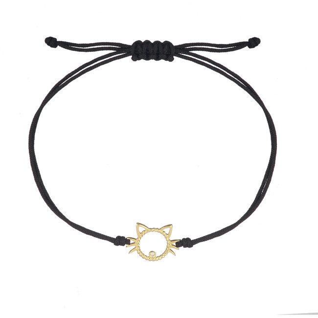 Yellow Gold Cat Charm Thread Bracelet, Black