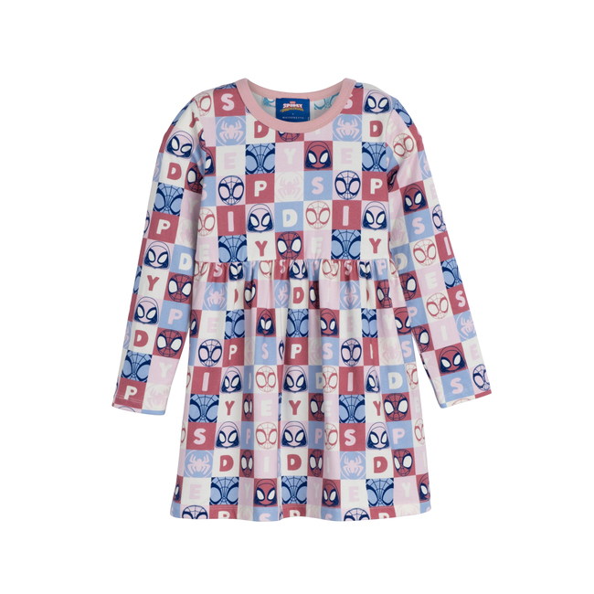 Long Sleeve Checkered Print Dress, Pink & White