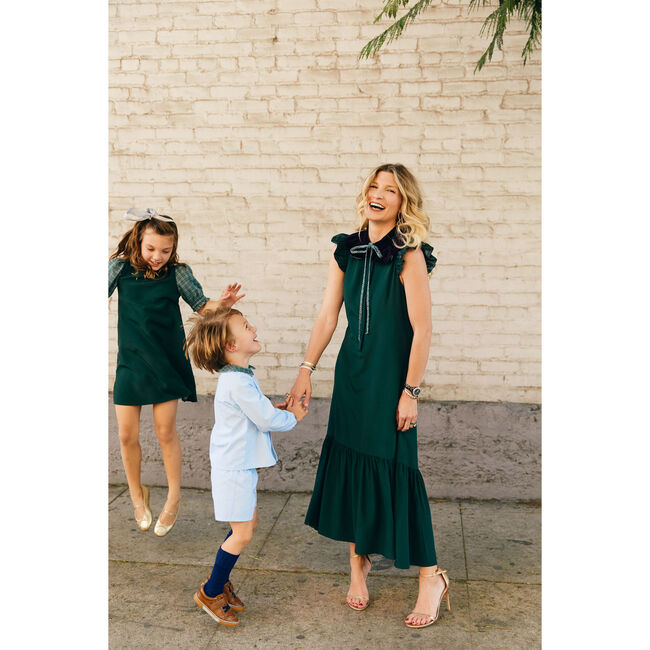 Women's Placket Front Ruffle Maxi Dress, Green Faille - Dresses - 2