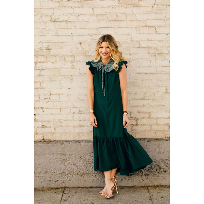Women's Placket Front Ruffle Maxi Dress, Green Faille - Dresses - 3