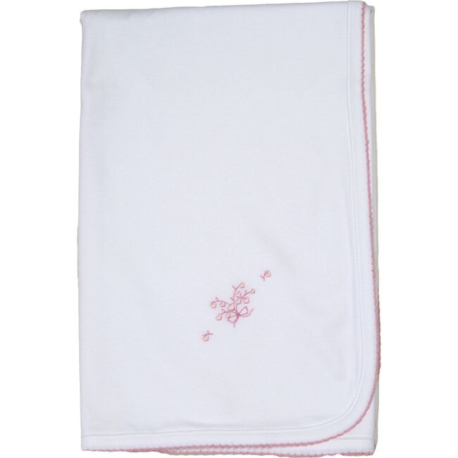 Bouquet Receiving Blanket, White with Dusty Rose Trim - Blankets - 1