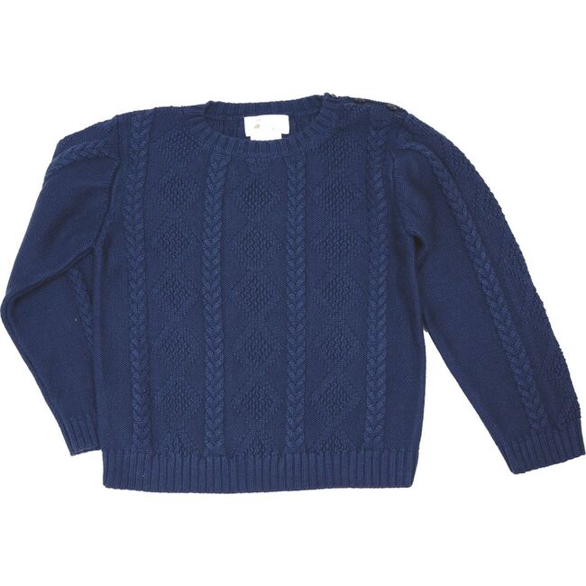 Cable Knit Sweater, Navy - Sweaters - 1
