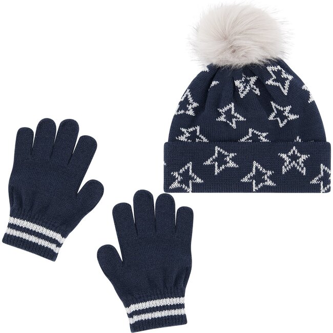 Star Hat and Glove Set, Navy - Hats - 1