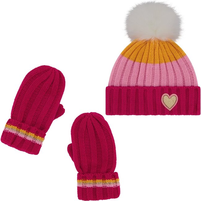 Heart Hat and Glove Set, Pink - Hats - 1