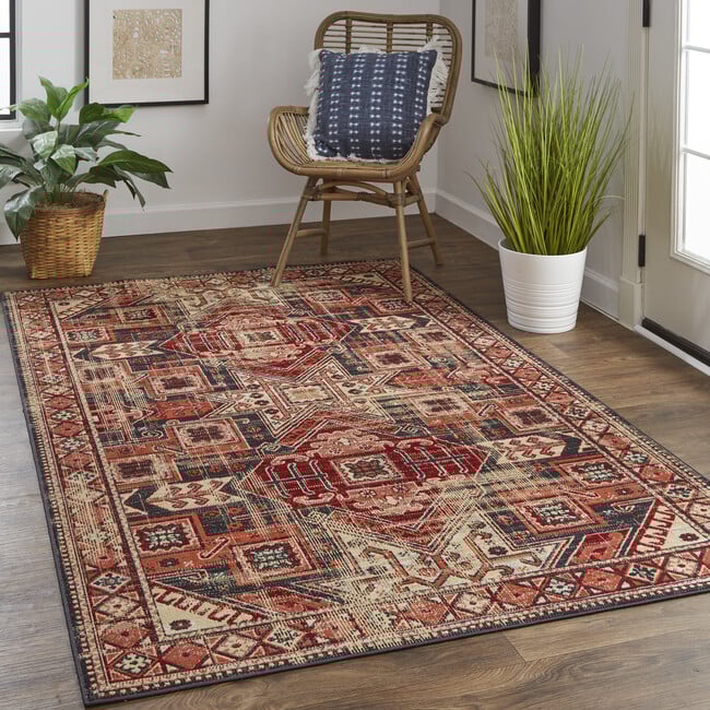 Kezia Vinatge Style Kazak Rug, Ochre Red/Charcaol Grey