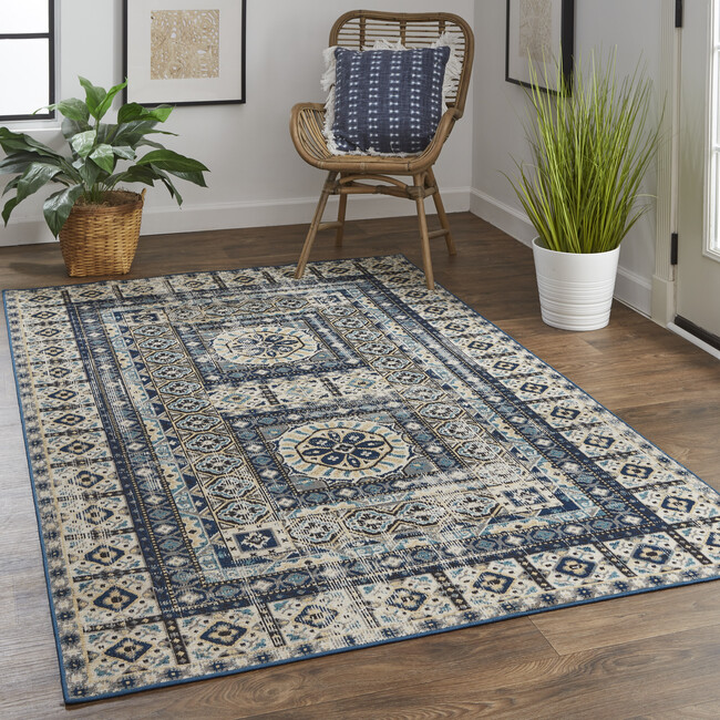 Kezia Vinatge Style Kazak Rug, Blue/Vanilla Beige