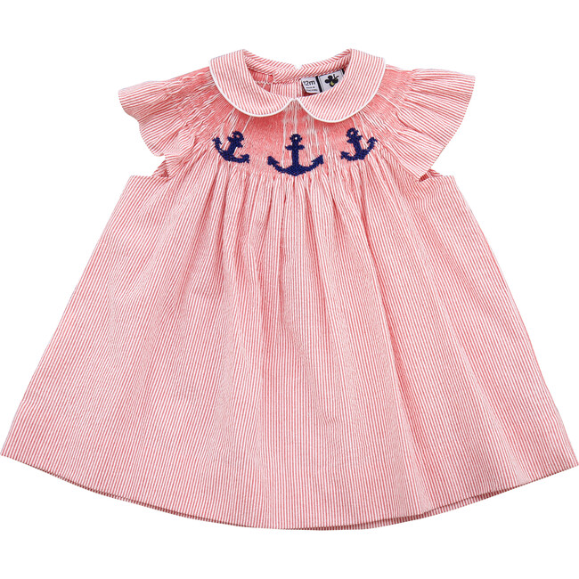 Sophie Sailboat Smocked Dress And Bloomer, Red Seersucker - Dresses - 1