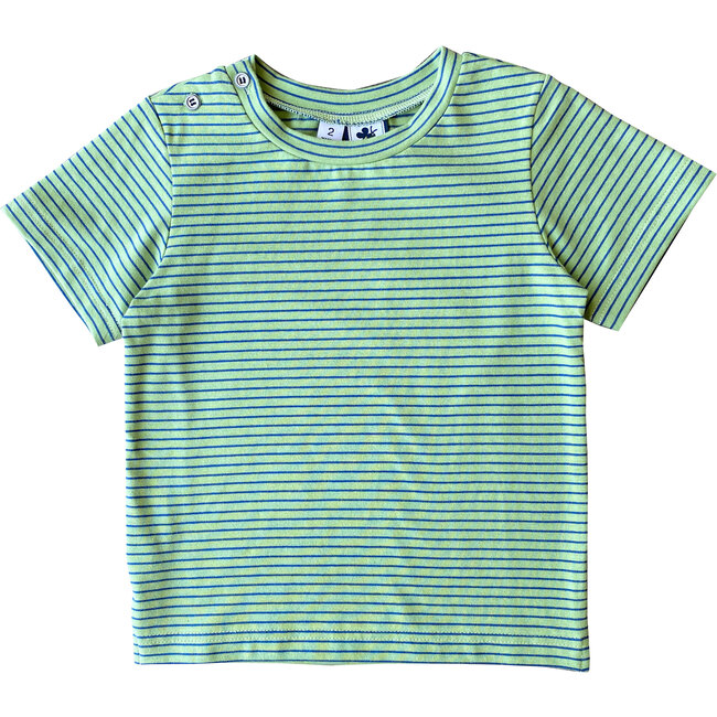 Henry Button Shoulder Tee, Mini Green Blue Stripe - Tees - 1