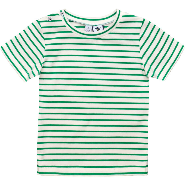Henry Button Shoulder Tee, Green White Stripe - Tees - 1