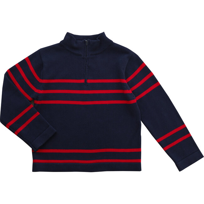 Cotton Half Zip Sweater, Navy/Red Stripe