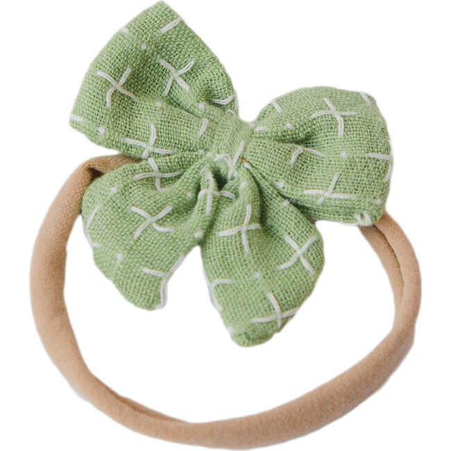 Baby Bow Headband, Green Stitches - Bows - 1