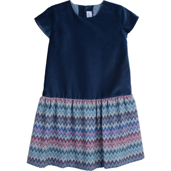 Blue Velvet and Multicolor Zig-Zag Holiday Dress - Dresses - 1