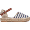 *Exclusive* Womens Linen Espadrilles with Leather Strap, Navy Stripes - Espadrilles - 2