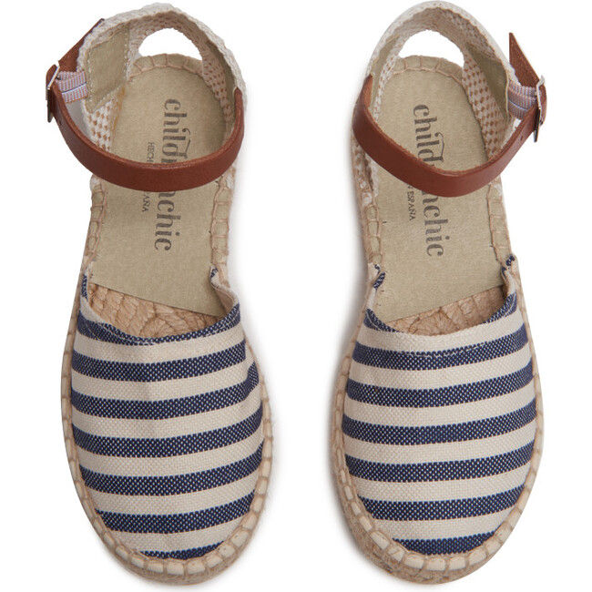 *Exclusive* Womens Linen Espadrilles with Leather Strap, Navy Stripes - Espadrilles - 3