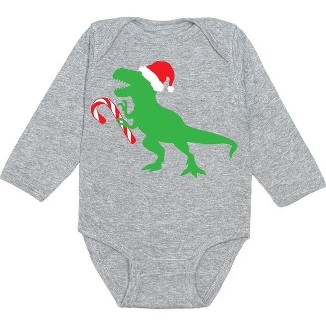 Santa Dino Christmas Long Sleeve Bodysuit, Grey