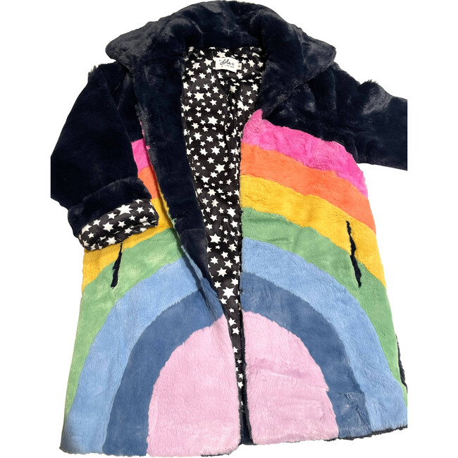 Rainbow Faux Fur Midi Coat, Navy and Rainbow