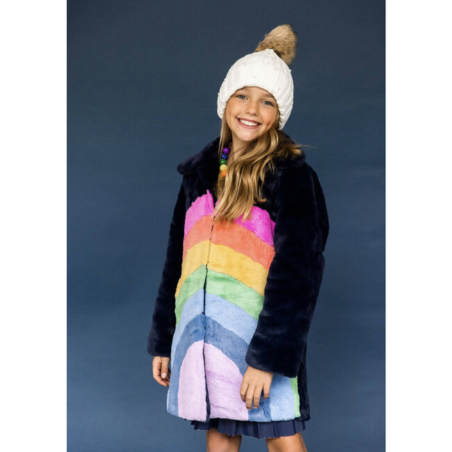 Rainbow Faux Fur Midi Coat, Navy and Rainbow - Fur & Faux Fur Coats - 2