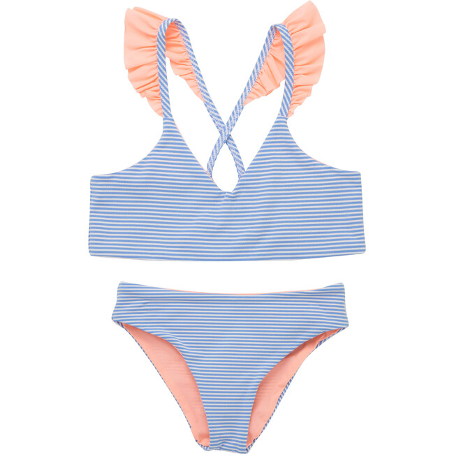 Bikini Set, Light Blue stripes and ruffle - Two Pieces - 1