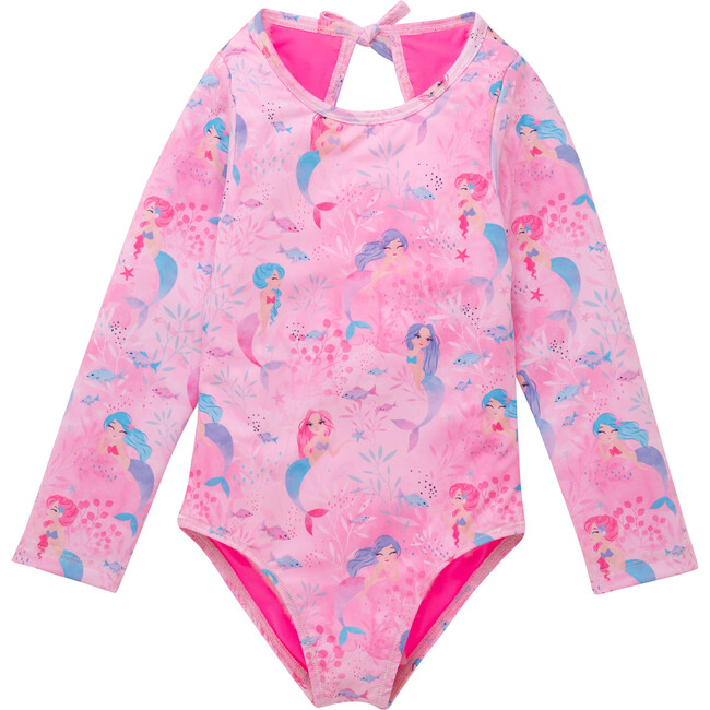 Long Sleeve One Piece, Pink Mermaid Print - One Pieces - 1