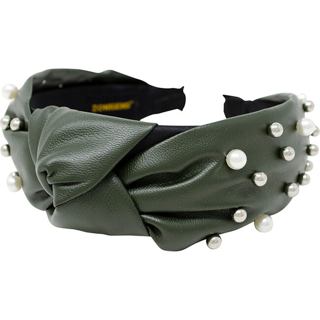 Leather Knotted Peals & Studs Hairband, Green